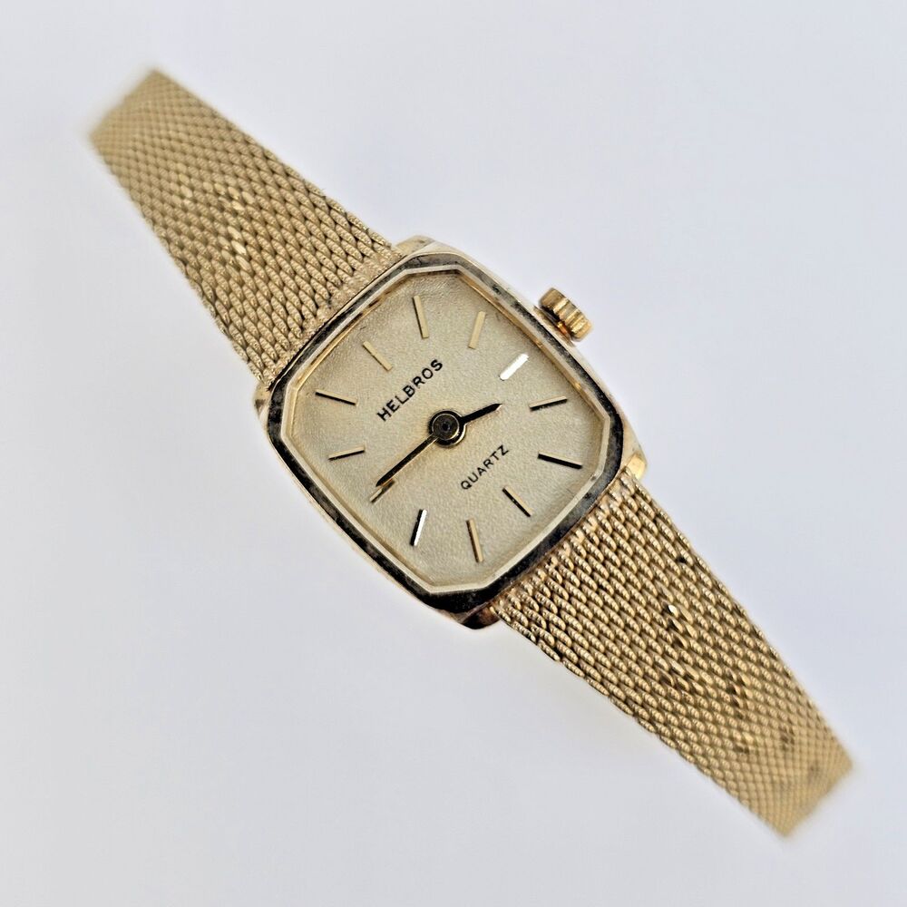 VTG Helbros Women's Watch 15MM Gold Dial Gold‎ Milanese Band 5.5" New Battery